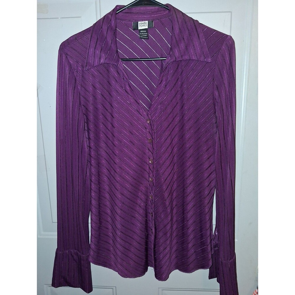 Vintage Studio 1940 Purple Sheer Stripe Button Up Blouse Women M USA Made